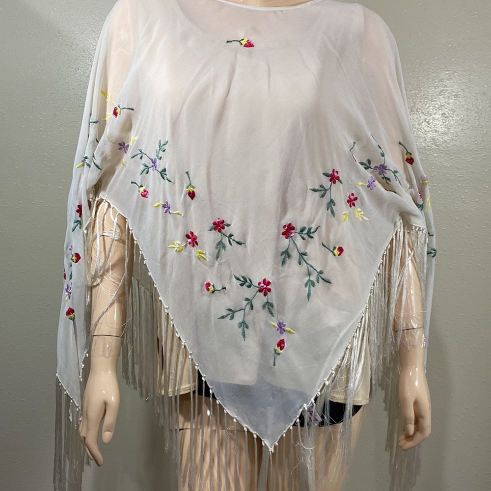 Embroidered Sheer Poncho with Fringe - Picture 3 of 3